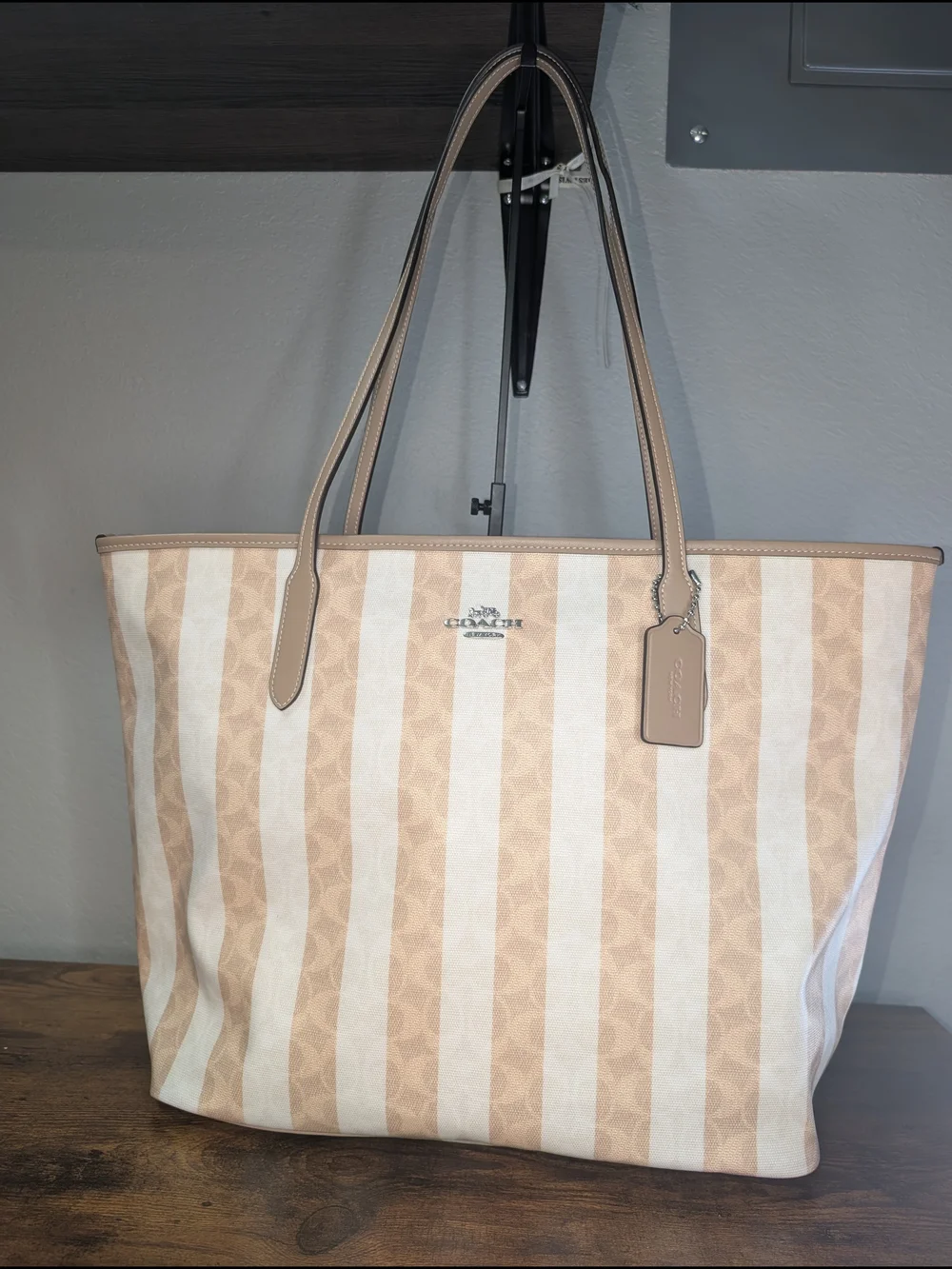 Coach Beige & White Stripe Signature Tote